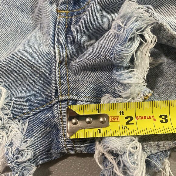 SIMPLE SOCIETY Denim Shorts Distressed Button Fly Raw Hem Y2K Womens 0 24 Blue - Picture 8 of 10